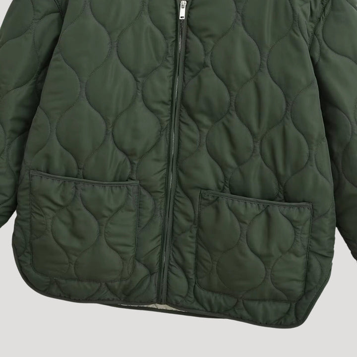 Damska pikowana oversize Zielony fleece zamkiem-up kurtka