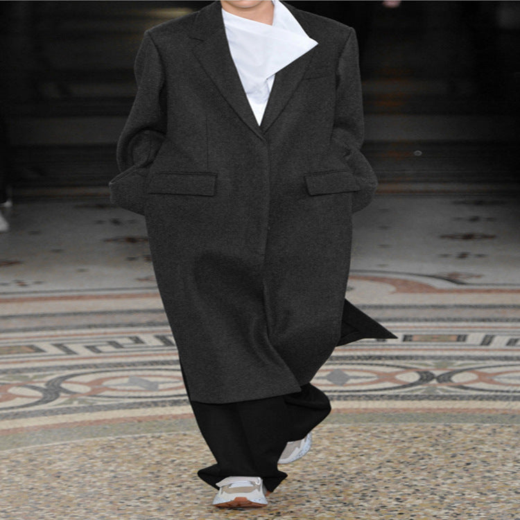 Damska oversize Single-dwurzędna Maxi-Length mieszanka wełny długa płaszcz z Relaxed Shoulders i klapką kieszeniami Lumaza