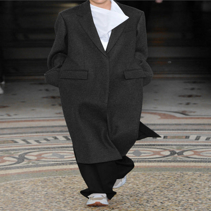Damska oversize Single-dwurzędna Maxi-Length mieszanka wełny długa płaszcz z Relaxed Shoulders i klapką kieszeniami Lumaza