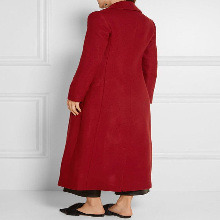 Damska maxi-length mieszanka wełny płaszcz z taliowana seam design, knife pleats, i klapką kieszeniami Lumaza
