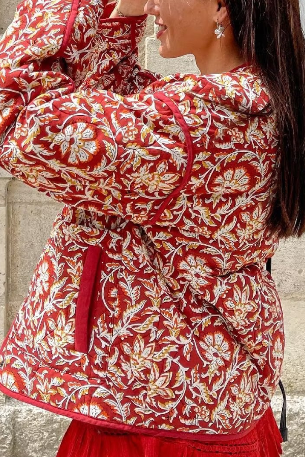 Neck Floral Prwt Loose pikowana bawełna kurtka