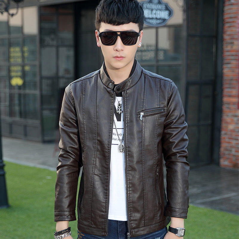 Męska nowoczesny Slim-Fit skóra wygląd Blouson z stójką i klatka piersiowa zamkiem kieszenią