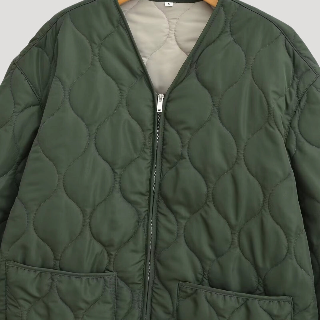 Damska pikowana oversize Zielony fleece zamkiem-up kurtka