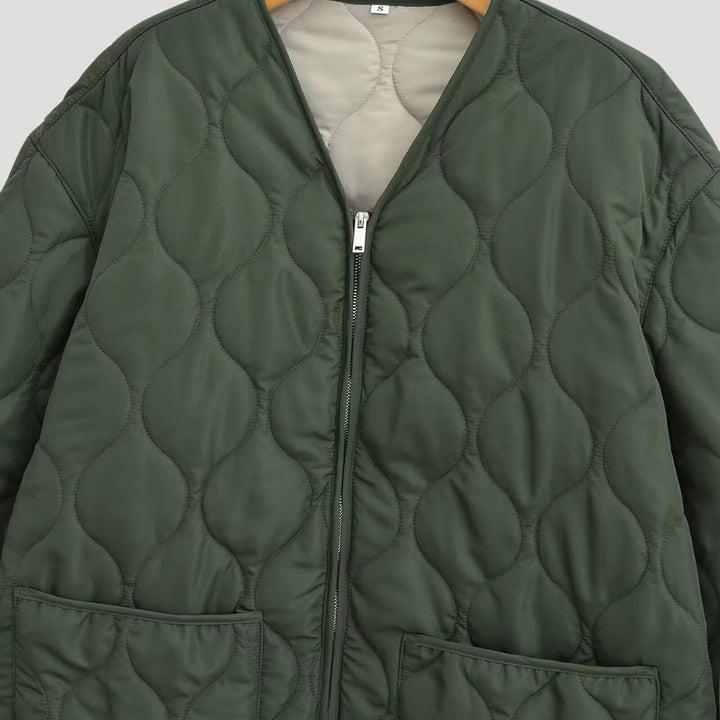 Damska pikowana oversize Zielony fleece zamkiem-up kurtka