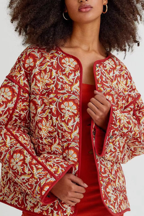 Neck Floral Prwt Loose pikowana bawełna kurtka