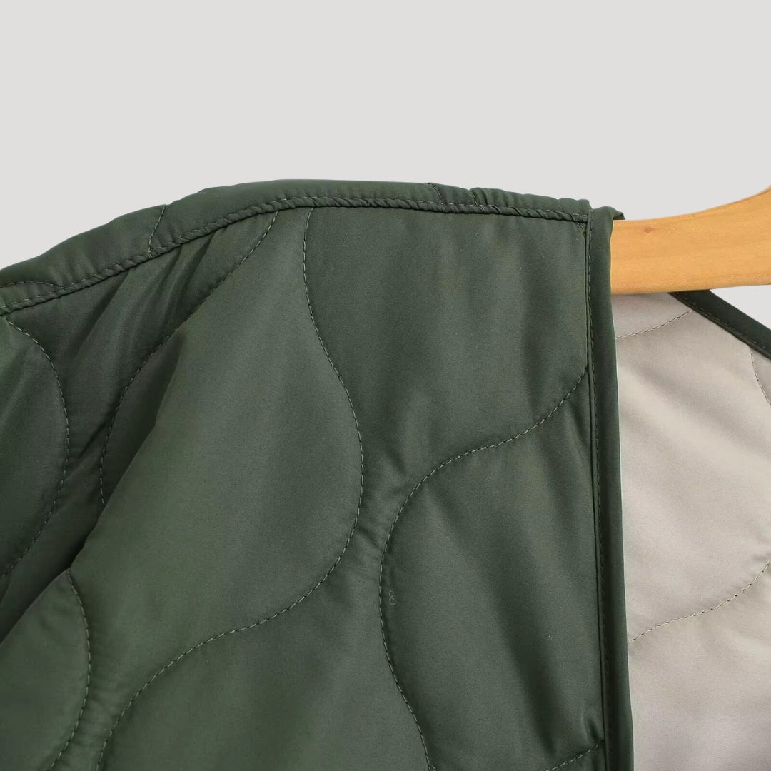 Damska pikowana oversize Zielony fleece zamkiem-up kurtka