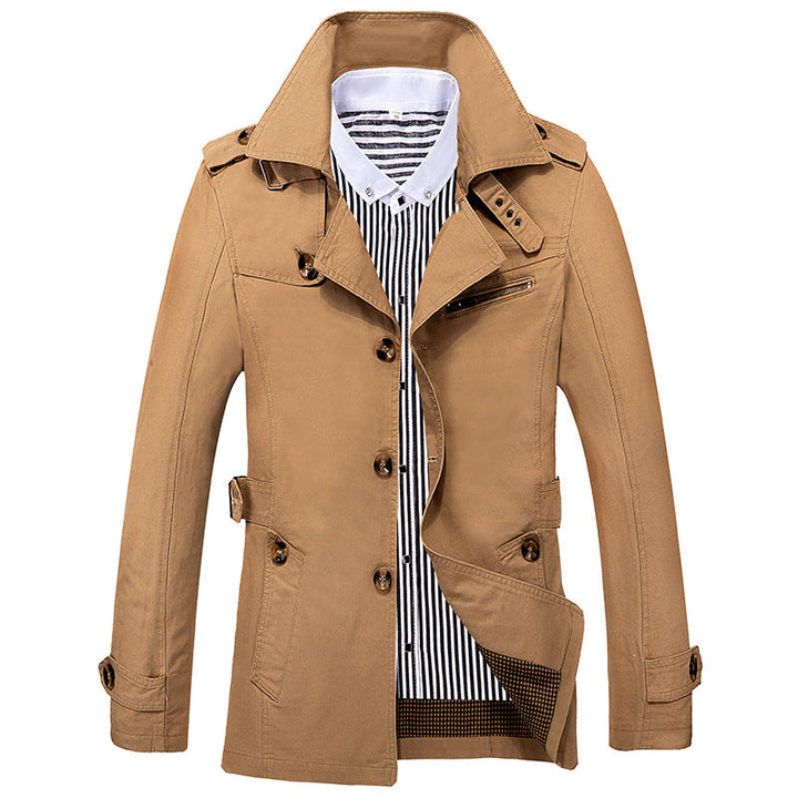 Męska elegancki field Trench z tailored fit, shoulder flaps i regulowany mankiety