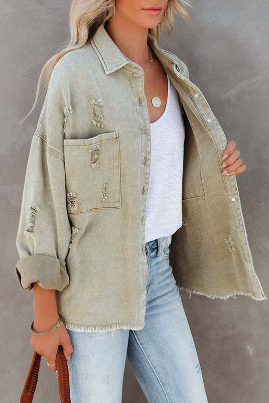 Revers długa rękaw Ripped denim kurtka