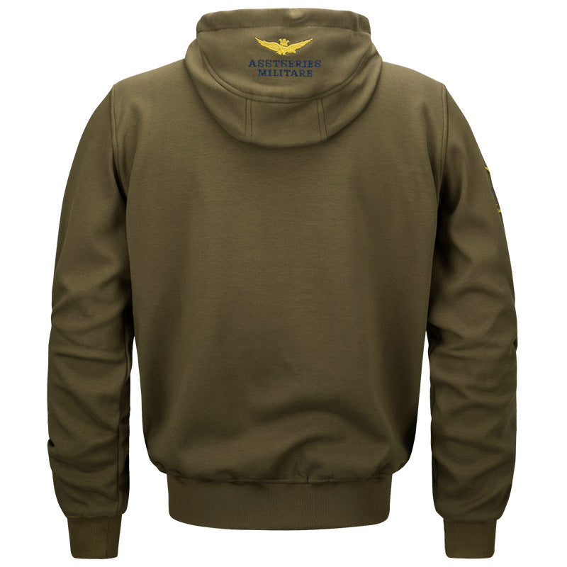 Męska militarny inspirowany bawełna-blend z kapturem bluza z prążkowane mankiety i haftowany insignia