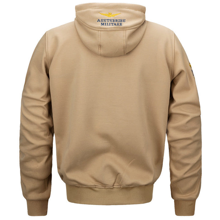 Męska militarny inspirowany bawełna-blend z kapturem bluza z prążkowane mankiety i haftowany insignia