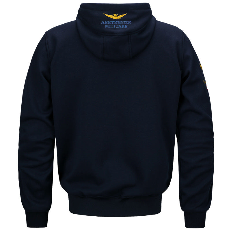 Męska militarny inspirowany bawełna-blend z kapturem bluza z prążkowane mankiety i haftowany insignia