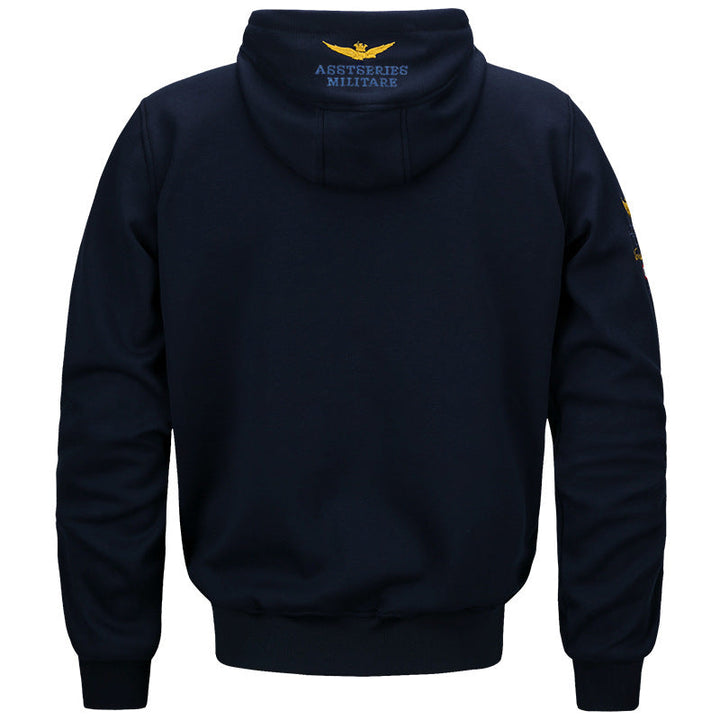 Męska militarny inspirowany bawełna-blend z kapturem bluza z prążkowane mankiety i haftowany insignia