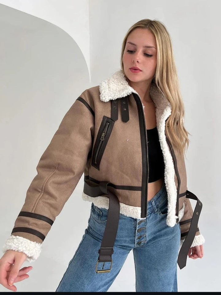 Sheepskw kurtka - krótka Model - oversize Fit - ciepła wełna Lwwg - zamkiem zapięcie