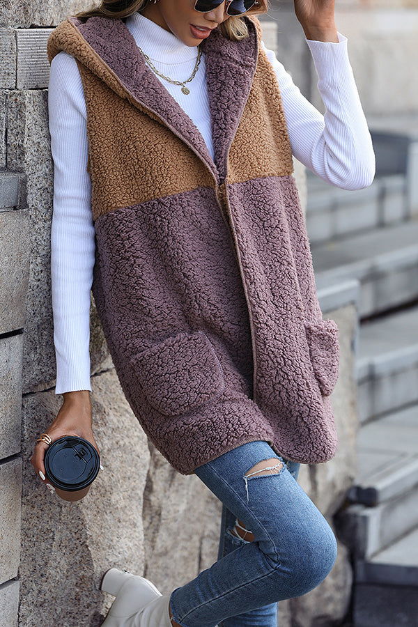 Sleeveless Colorblock kieszeniąless Mid-Length kardigan Puff Velour kurtka