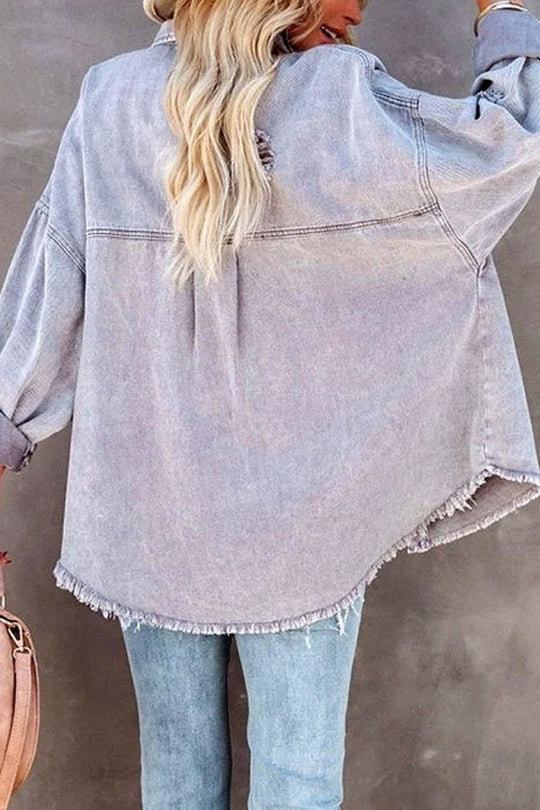 Revers długa rękaw Ripped denim kurtka