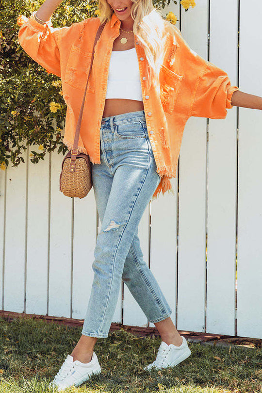 Revers długa rękaw Ripped denim kurtka