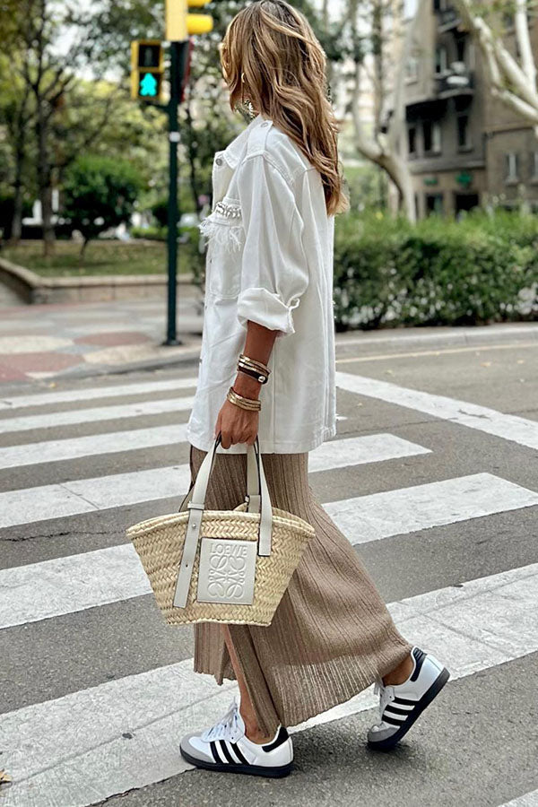 Biały gładki kolor Tassel Loose kurtka