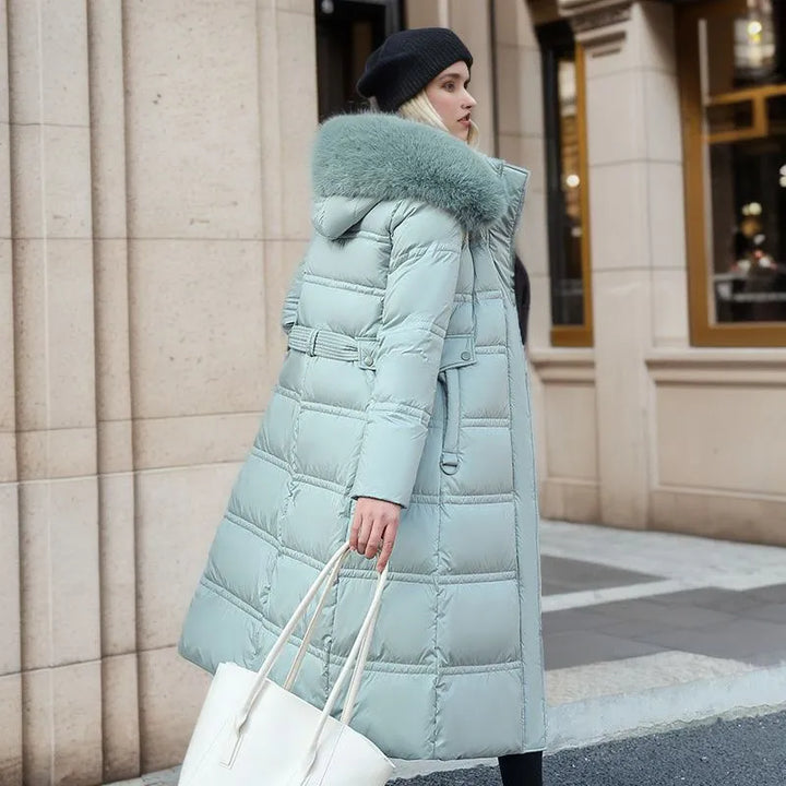 Damska długa Wwter płaszcz z Fur kapturem i Belt