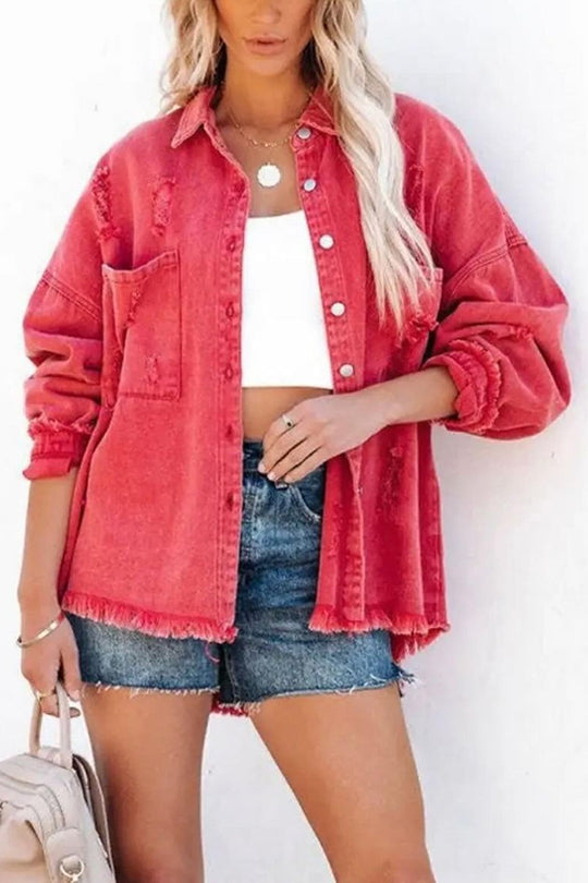 Revers długa rękaw Ripped denim kurtka
