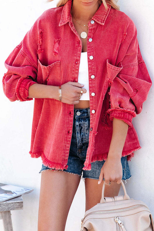 Revers długa rękaw Ripped denim kurtka