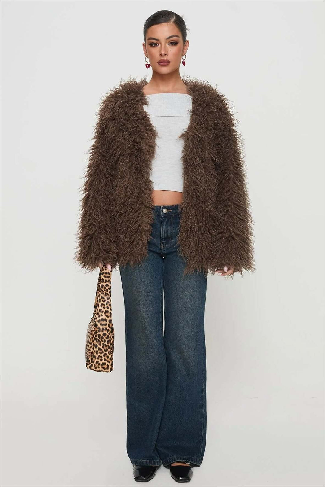 Fluffy Brązowy imitacja Fur oversize kurtka