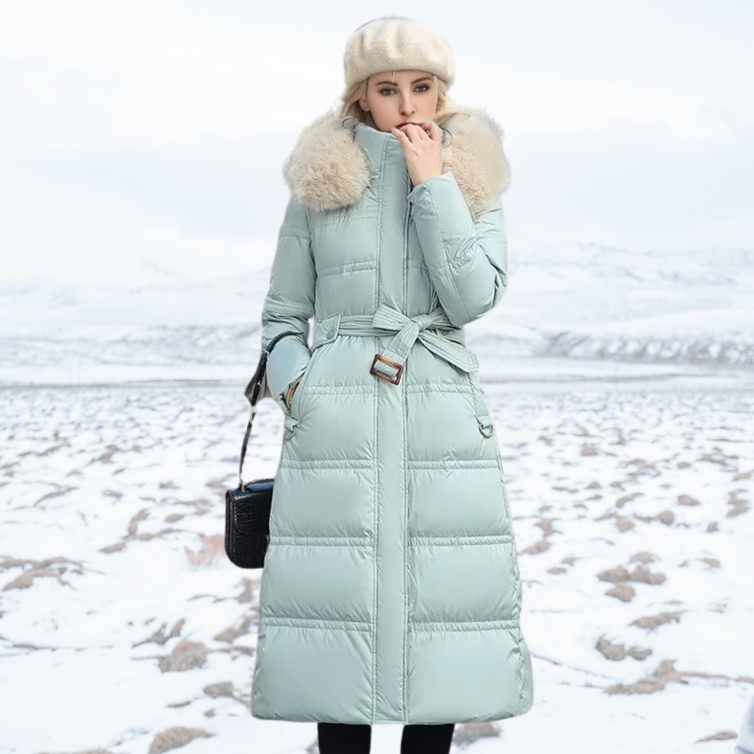 Długa kurtka zimowa Puffer design imitacja Fur kapturem Tailored Belt ciepła i wsulatwg