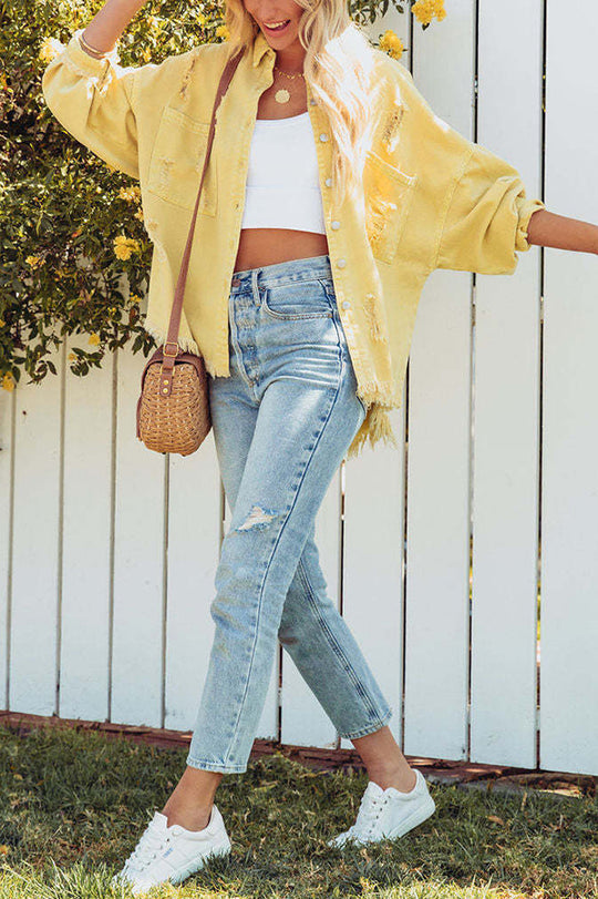 Revers długa rękaw Ripped denim kurtka