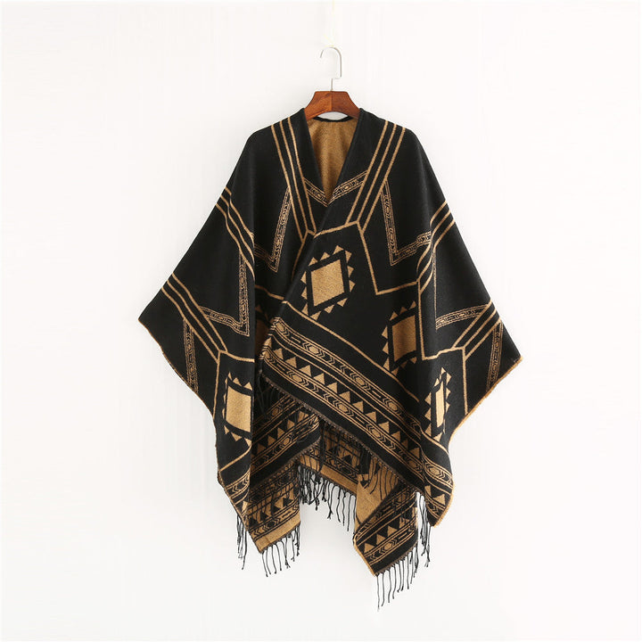 Unisex Ethno-Poncho wykonana z miękki dzianina z fringes i geometryczny Wzór