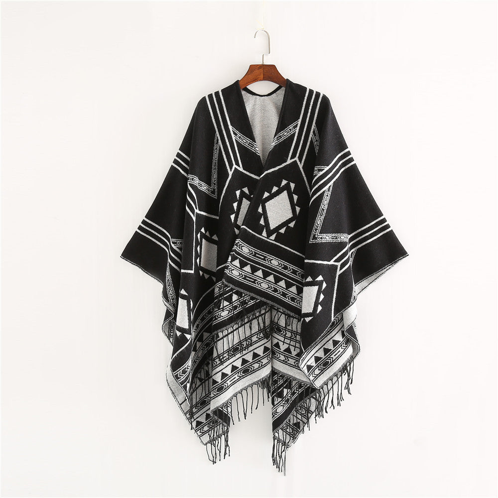 Unisex Ethno-Poncho wykonana z miękki dzianina z fringes i geometryczny Wzór
