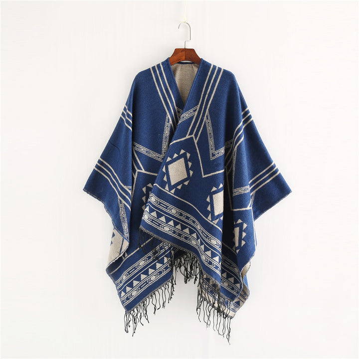 Unisex Ethno-Poncho wykonana z miękki dzianina z fringes i geometryczny Wzór