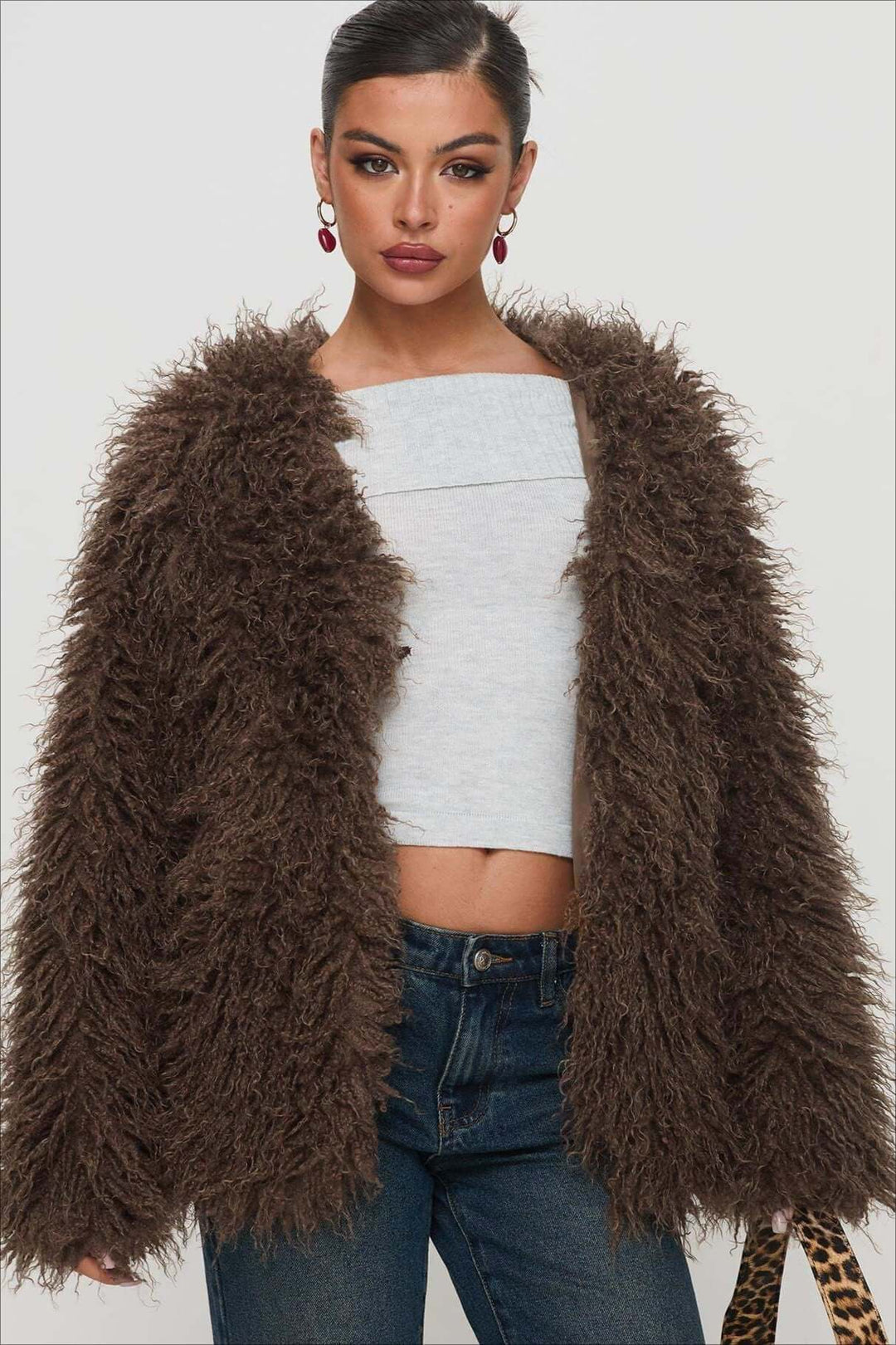 Fluffy Brązowy imitacja Fur oversize kurtka
