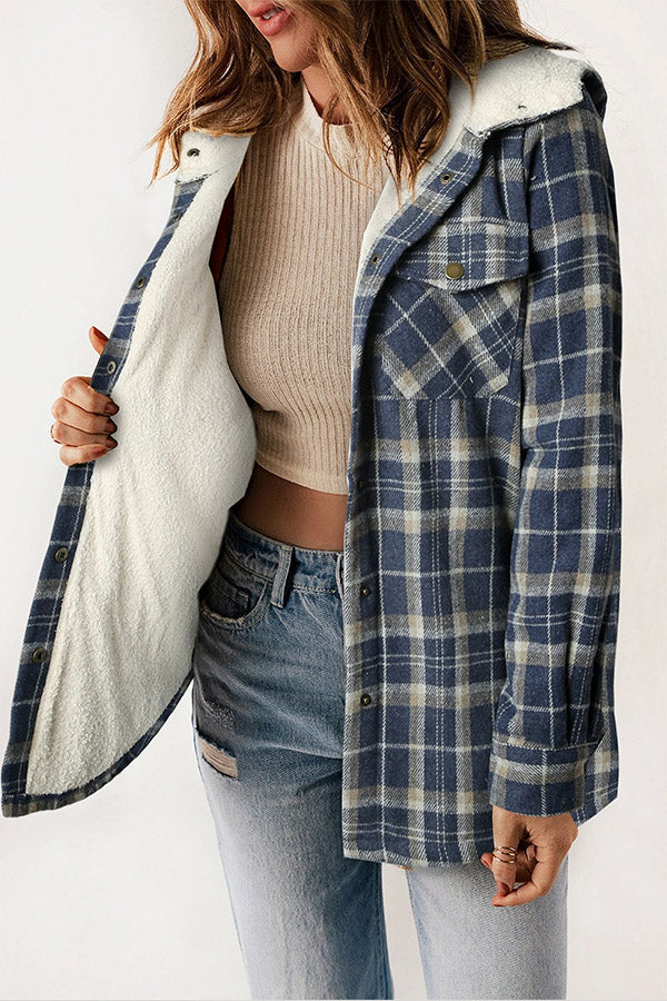 Guzik Sherpa Lined Z kapturem Flannel Kurtka
