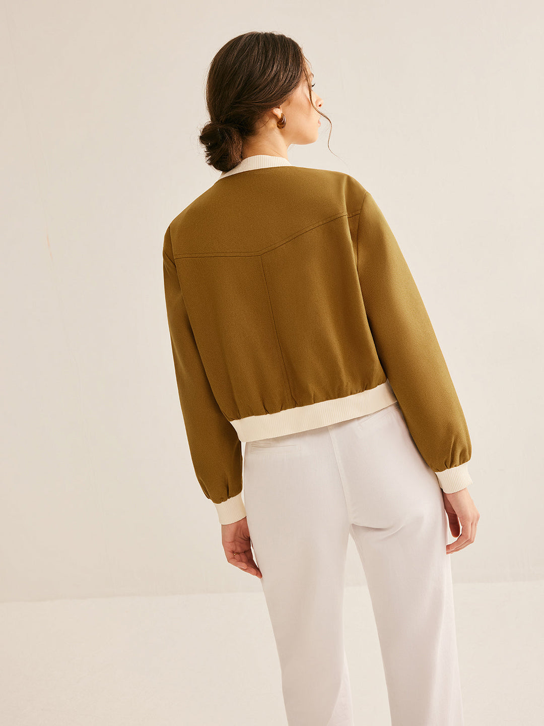 Crew Neck kontrastowy Trim guzik kurtka