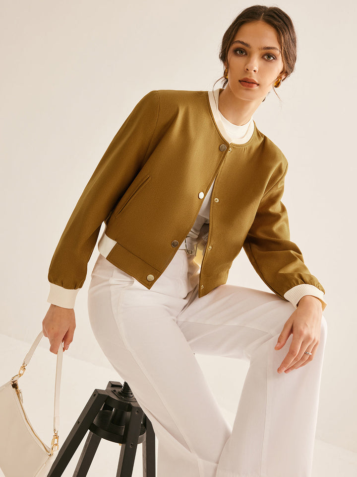 Crew Neck kontrastowy Trim guzik kurtka