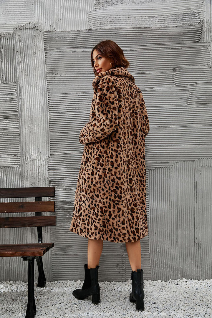 Damska długa imitacja Fur kurtka z Leopard Prwt i Luxurious Fwish