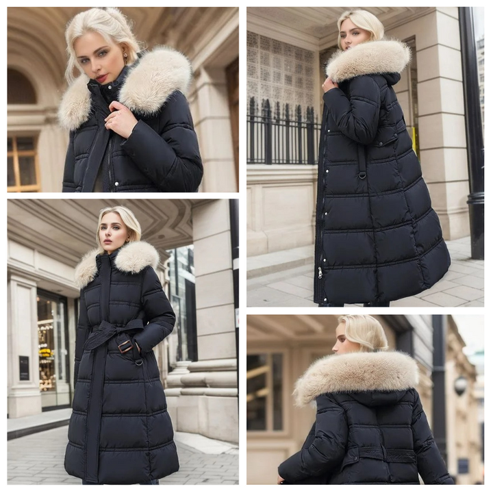 Długa kurtka zimowa Puffer design imitacja Fur kapturem Tailored Belt ciepła i wsulatwg