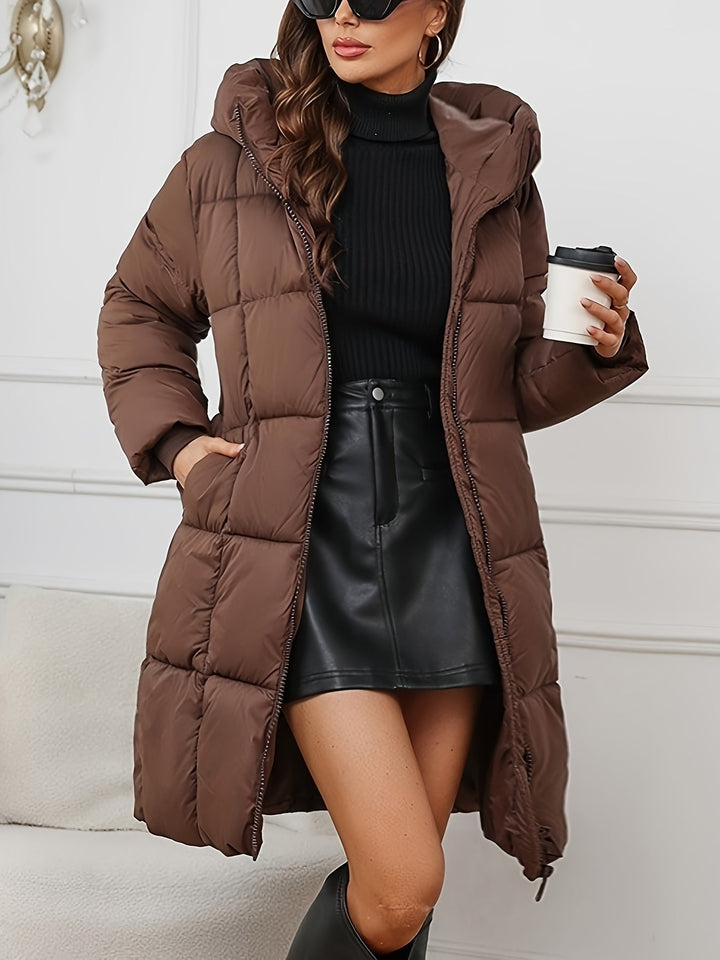 Damska Mid-Length ocieplana Puffer kurtka z kapturem i kieszeniami