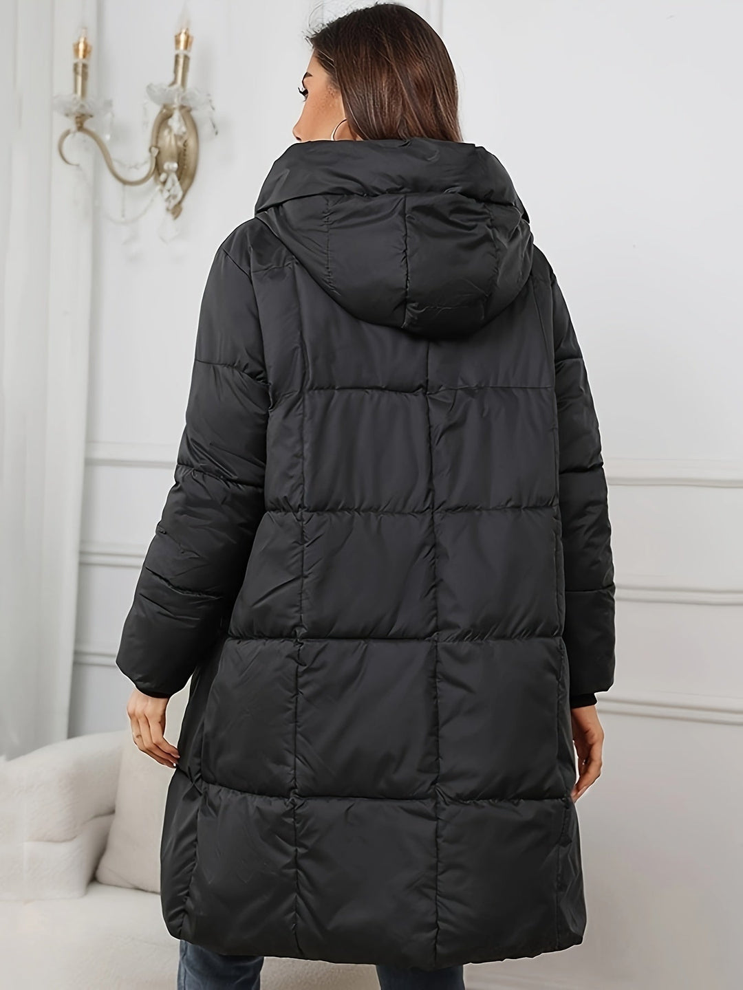 Damska Mid-Length ocieplana Puffer kurtka z kapturem i kieszeniami