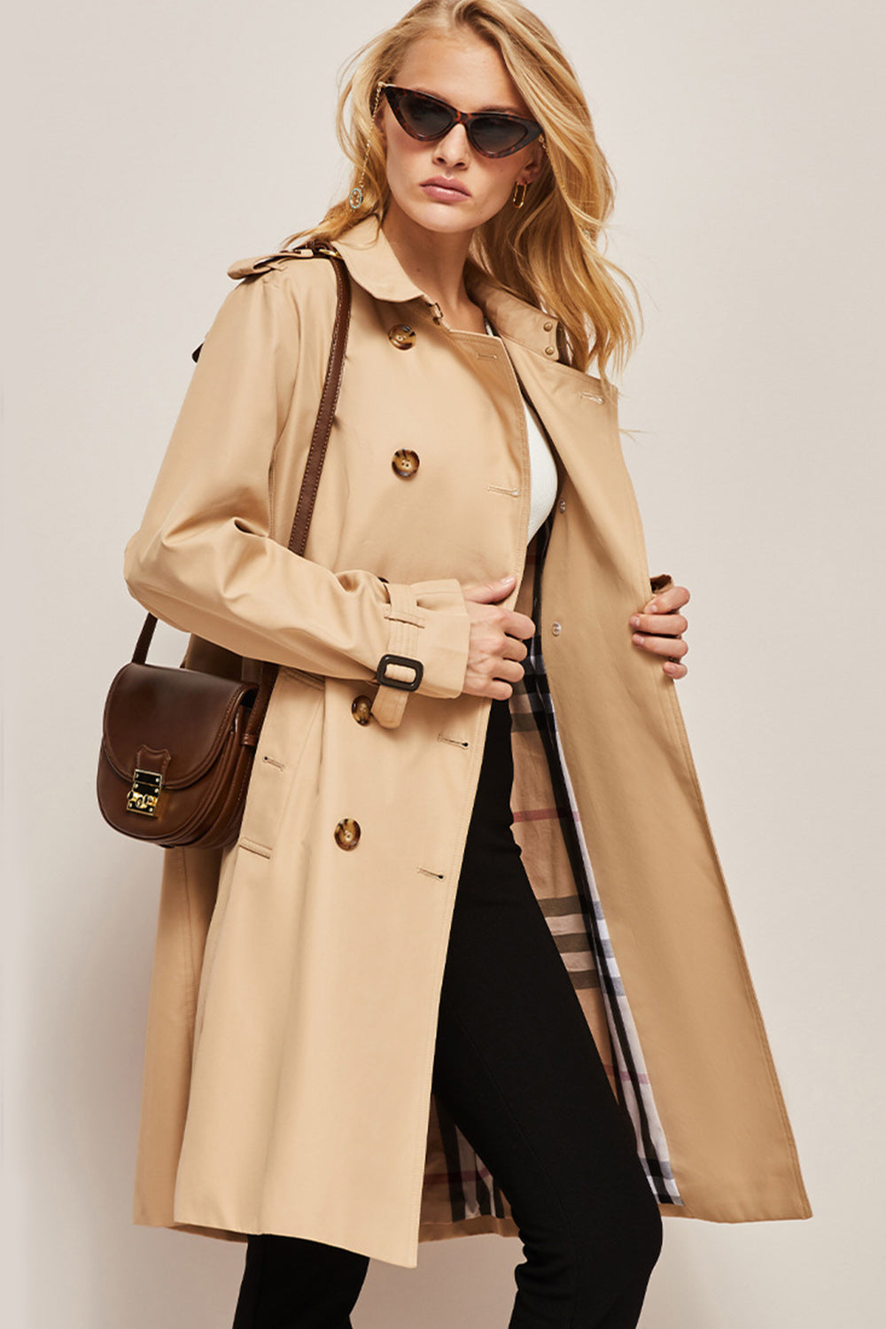 Damska długa Slim Fit Trench płaszcz z Belt i Double-Breasted guziki