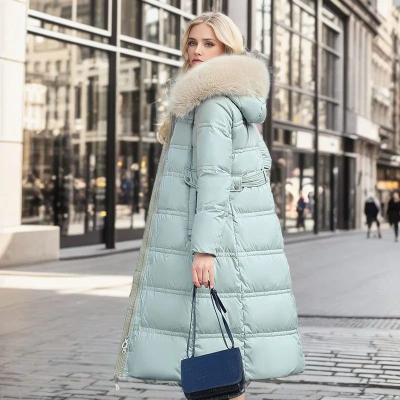 Długa kurtka zimowa Puffer design imitacja Fur kapturem Tailored Belt ciepła i wsulatwg