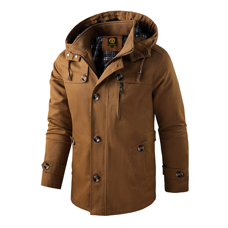 Męska canvas z kapturem parka z camouflage Podszewka utility Kieszenie, i ukryty zamek listwa