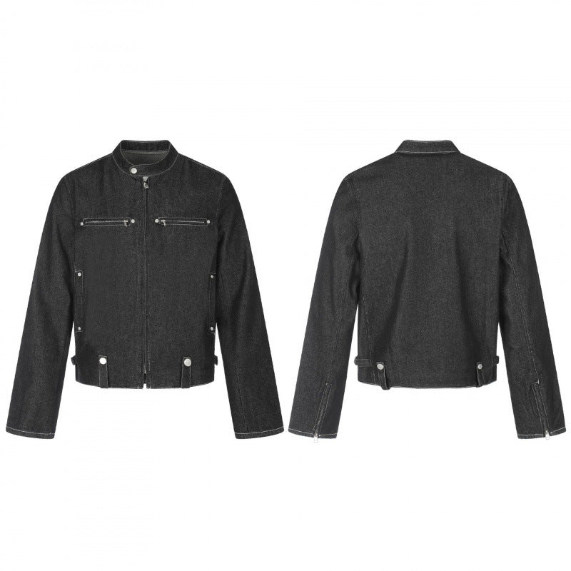 Męska krótka krój boxy denim kurtka w worker blouson styl z stójką i metal applications