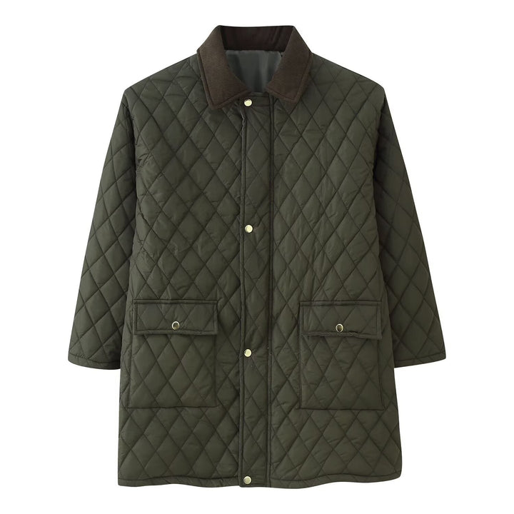 Damskie’s pikowana płaszcz z cord Kołnierz, checkered quilting i naszywane kieszenie