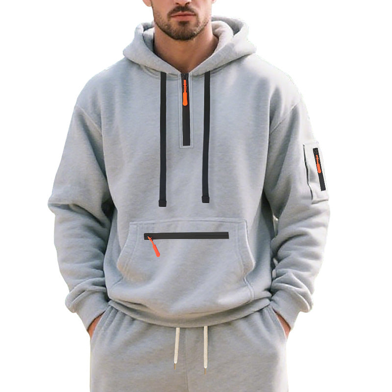 Męska krótki zamek bluza z kapturem z uszczelnione zippers, kangaroo zamek kieszeń, i arm kieszeń
