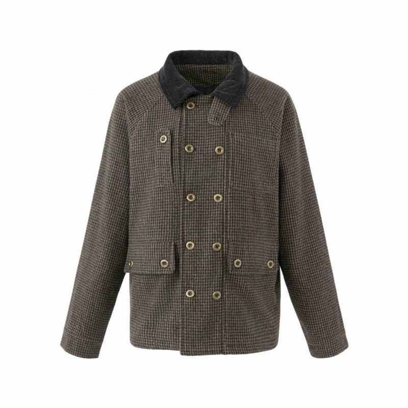 Męska Double-Breasted wełna Mix field kurtka w Houndstooth z Corduroy kołnierzem i kieszeniami z patkami