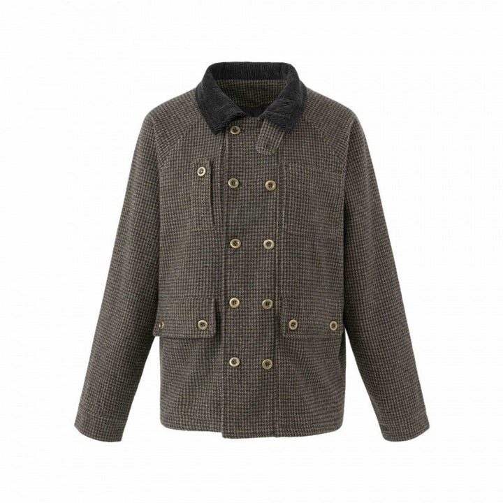Męska Double-Breasted wełna Mix field kurtka w Houndstooth z Corduroy kołnierzem i kieszeniami z patkami