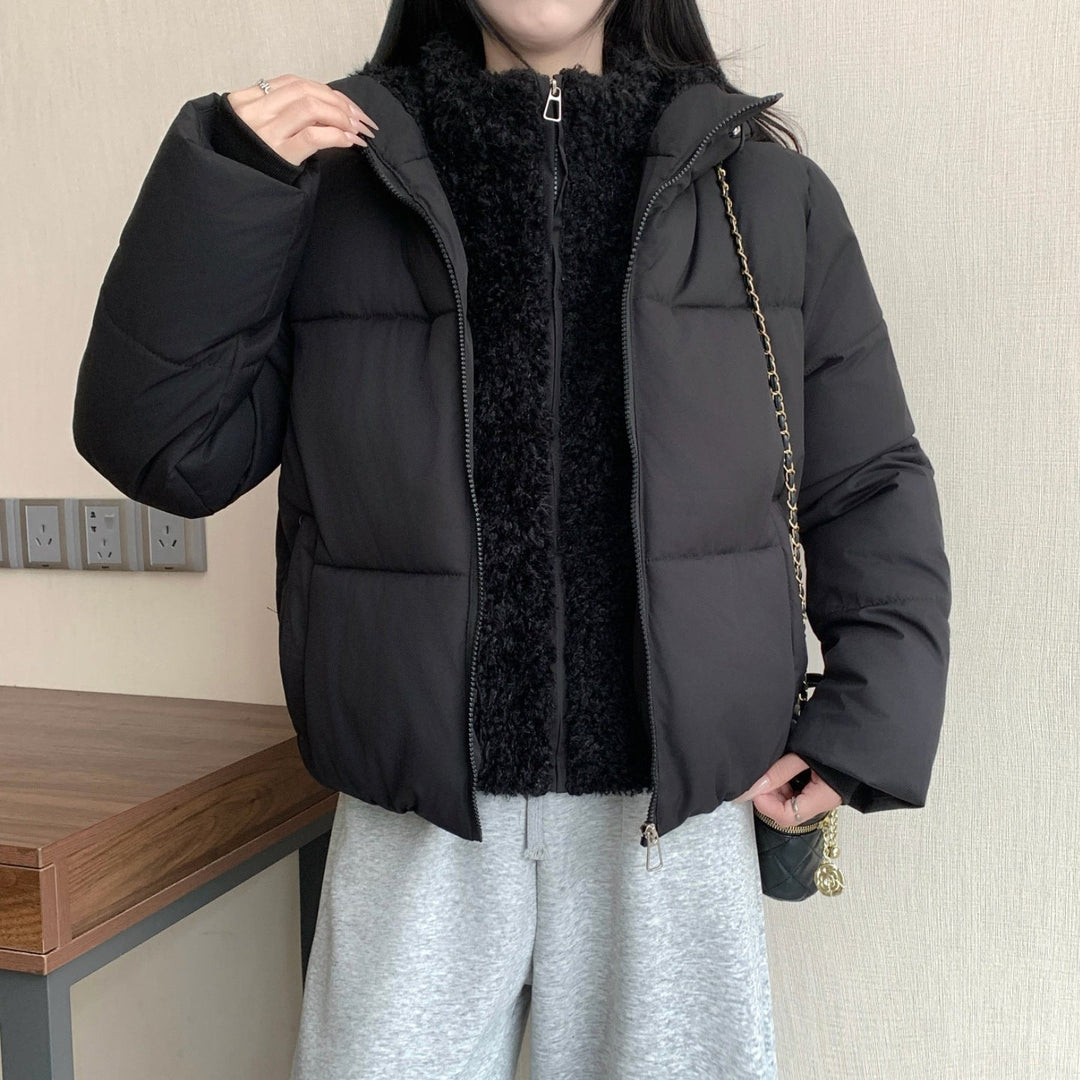 Damska krótka ocieplana podwójna kurtka z detachable teddy inner lining i high ze stójką Lumaza