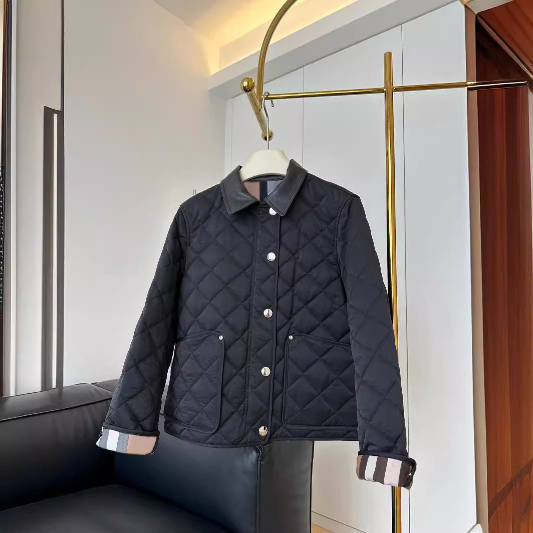 Damska fashionable pikowana kurtka z elegancka leather kołnierzem Lumaza