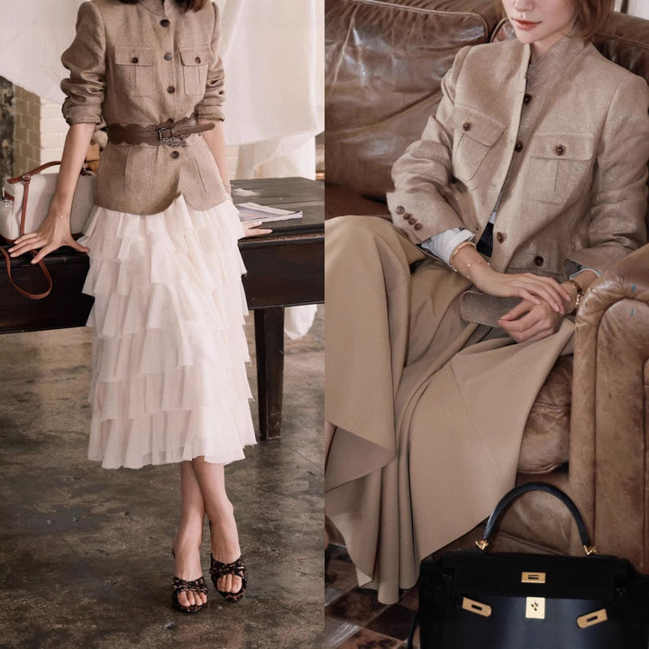 Damska elegancka Linen kurtka z Waist paskiem Drune