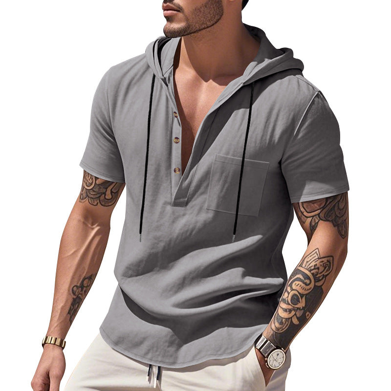 Męska Lekka krótka-sleeve z kapturem Henley wykonana z single jersey z klatka piersiowa kieszeń i kontrastowy ściągacz